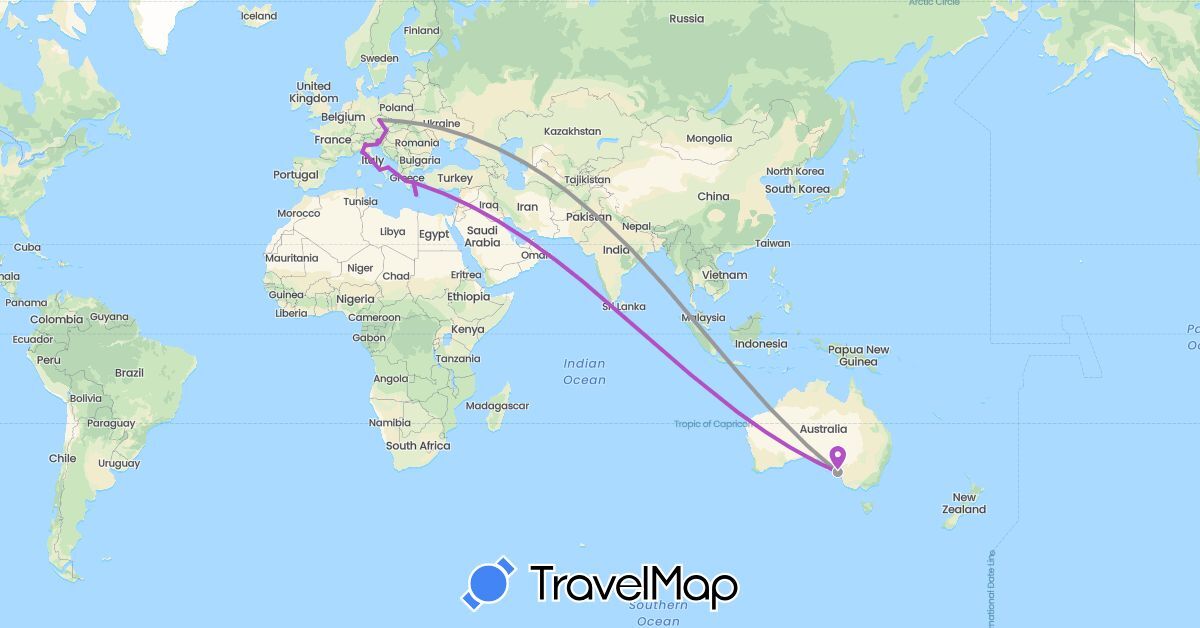 TravelMap itinerary: driving, plane, train in Austria, Australia, Czech Republic, Slovenia (Europe, Oceania)